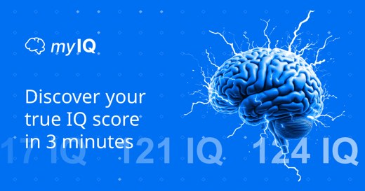 Официална рекламна графика на MyIQ: син фон, лого и изображение на мозък